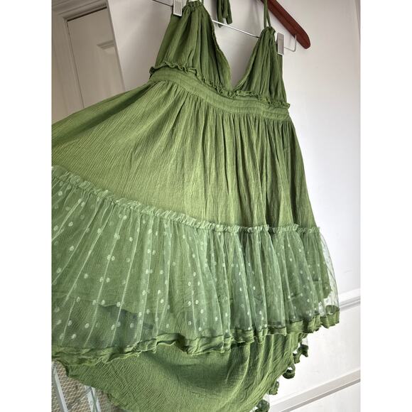 Boho Fairy Patchwork Swing Mini Dress Green Lace Polka Dot M - Picture 8 of 8